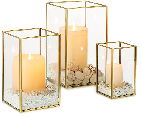 NUPTIO Huracán Candelabros de Vidrio - 3 Piezas Oro Linterna Templado Chimenea Vidrio Velas Conjunto Al Aire Libre Cuadrado Decorativo La Boda Navidad Adornos Halloween Sala Estar Mesa Chimenea