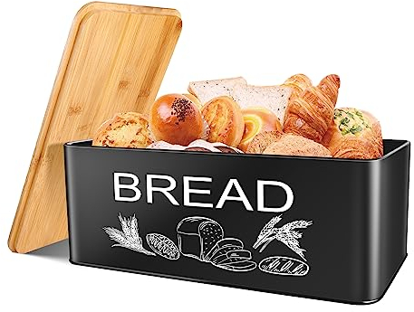 JIGUOOR Black Bread Bin, Large Space Saving Vertical Metal Bread Box with Bamboo Cutting Board Lid, Farmhouse Bread Bins for Kitchen Bread Storage, Dry food, Kitchen Parts Box, 12.99 x 7.08 x 4.72
