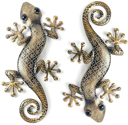 LIFFY Gecko - Decorazione artistica da parete in metallo, confezione da 2, 38 cm, per interni ed esterni, scultura artistica da appendere per casa e giardino