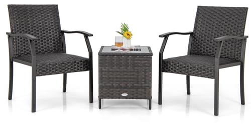 COSTWAY Set di 3 Mobili in Vimini da Giardino con Cuscini, Set Sedie e Tavolino con Piano Tavolo in Vetro Temperato, Struttura in Metallo, Set Mobili in Rattan per Balcone e Giardino