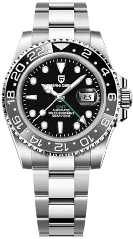Pagani Design GMT 40 mm Reloj Automático de Hombre Cristal de Zafiro Acero Inoxidable 100 Waterproof Analógico Relojes Mecánicos de Hombre Relojes de Hombre（Correa de Acero Negro Gris-3）