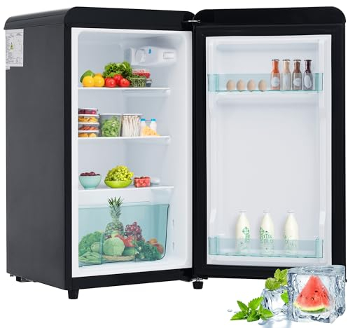 Merax Kühlschrank klein, Eintüriger Retro Kühlschrank, Getränkekühlschrank 76 Liter, 45 dB, LED-Beleuchtung, Glasablagen, Gemüsefach, Türablagen, Verstellbare Füße, für Küche, Wohnzimmer, Schwarz
