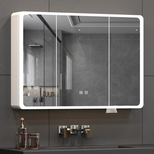Buildonely Spiegelschrank Bad mit Beleuchtung 100 x 70 cm, Badschrank mit Antibeschlag-Funktion, Touchscreen-Steuerung, Aluminiumlegierung, Fertig Montiert