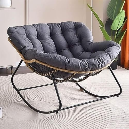 Fauteuil à bascule ergonomique en osier avec coussin épais pour l'intérieur et l'extérieur (gris foncé)