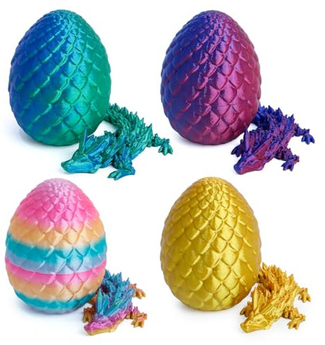 Flavery 4 Pack 3D Printed Dragon Egg, Small Eggs with Dragon Inside, Articulated Crystal Dragon Fidget Toy, Desk Decor Pet, Mystery Figure Decor (blue+green+candy+gold)
