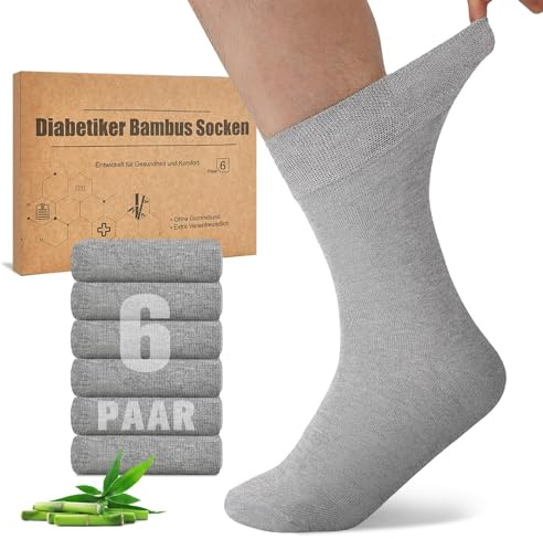 Niorasen Chaussettes Diabétiques en Bambou, 6 Paires de Chaussettes pour Diabétiques sans Elastique ＆ sans Couture, Chaussette en Bambou avec Bordure Confortable pour Homme et Femme