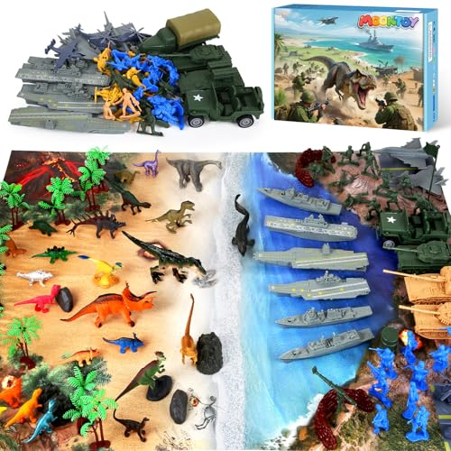 MOONTOY Soldat Militaire Jouet & Dinosaure Jouet, Ensemble de 128 Pièces avec Petits Soldats, Tapis de Jeu et Accessoires de Combat, Cadeau d’Anniversaire et de Noël pour Enfants de 3 à 8 Ans