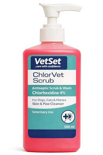 VetSet ChlorVet Scrub | Chlorhexidine 4% Antiseptic Scrub & Wash for Dogs | Veterinary Skin & Paw Cleanser for Cats, Horses & Animals | Hand Wash & Pre-Procedure Prep | 500ml (Pack of 1)