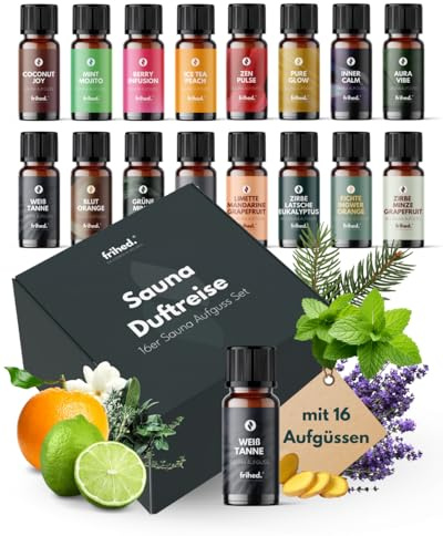frihed. Sauna Infusion Tasting Package Fragrance Journey - Highly Concentrated Oil - 16 x Different Fragrances - Long Lasting - 10 ml Glass Bottle - Made in Lüneburg