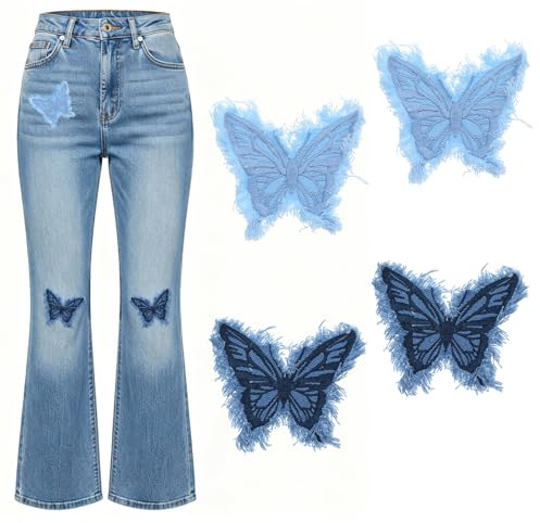 DOPENSPI 4 Stück Blauer Denim Schmetterlingsstoff Aufnäher zum Aufbügeln, 10 x 8 cm Große Schmetterling Bestickte Applikation mit Quasten, DIY Accessoire für Jean Kleidung, Jacken, Rucksäcke und Hüte