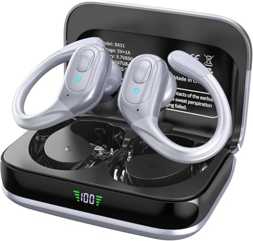 sajawass Wireless Earbuds, Sports Bluetooth Headphones, 75Hrs Playtime Ear Buds with LED Power Display, Noise Canceling Headset, IPX7 Waterproof Earphones for Workout/Running, Dark gray