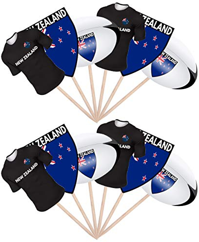 AK Giftshop Rugby Party Food Cake Cupcakes Picks Sticks Decorations Toppers Stand Up Food Flags New Zealand (pack of 12)