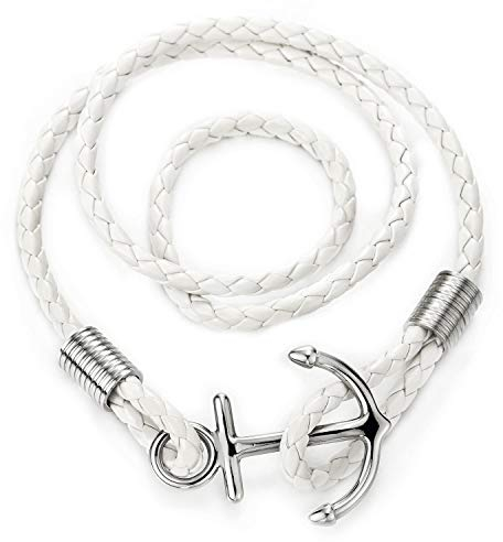 COOLSTEELANDBEYOND Herren Damen Dreifache Runden Weiß Geflochtenem Leder Armband Schweißband mit Edelstahl Marine Anker Haken Verschluss