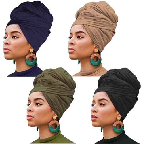 XTREND 4 Pieces Stretch Head Wrap Hair Scarf Headband Jersey Turban Knit Headwraps Urban Hair Wrap Solid Color Ultra Soft Extra Long Breathable Tie for Women(Black,Army Green,Navy,Camel)