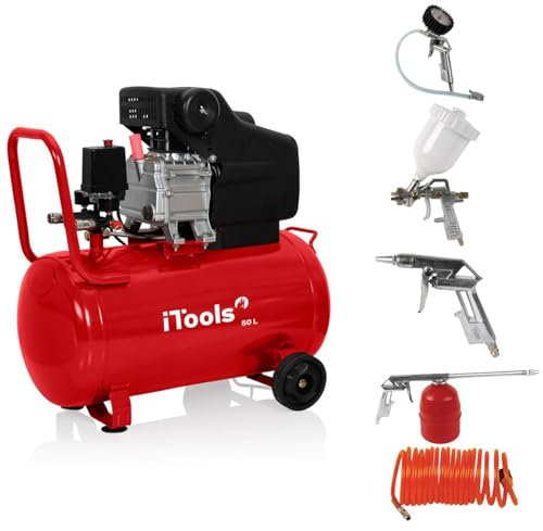 ITOOLS - Compresseur d'air 50L 8 bar 115 PSI Silencieux 2CV 1.5KW + Kit 5 accessoires air comprimé