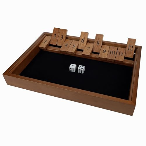 WE Games Wooden Shut The Box - Close The Box Set with 12 Number Tiles & 2 Dice Games - 13.5” Walnut Stained Finish