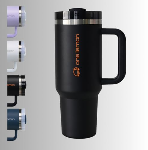 one lemon® Thermobecher 1,2 l Edelstahl Trinkbecher mit Deckel und Strohhalm | Auslaufsicher mit Bürste, Seal-Kit und Ersatzhalm | BPA Frei, vakuumisoliert, für Reisen, Sport | langlebig (Schwarz)