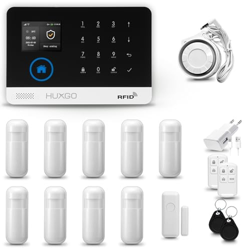 HUXGO® HXA003 Alarmanlage Haus WiFi + GSM mit Sirene | Tuya Smartlife App | Alarm System mit Drahtloser Fenstersensor, 9X Bewegungsmelder | Alarmanlage für Wohnung, Garage