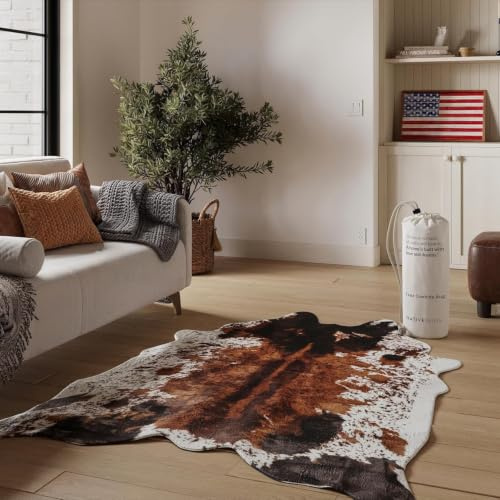 Faux Cowhide Rug 3'1x4'1 - Brown Cow Print Rug, Washable, Non-Shedding | Living Room & Bedroom, Allergen-Free, Thick & Comfortable, Pet-Friendly, Faux Suede Grip Backing, Western Farmhouse Decor