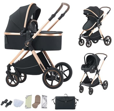 BEBBY Kinderwagen 3 in 1,Kinderwagen Buggy Mit Babyschale,Mit Höhenverstellbarer buggy Komplettset Faltbare tragbare,Buggys Mit Aluminiumrahmen für Neugeborene 0 bis 3 Jahre (D2-BLACK-6, H2-D)