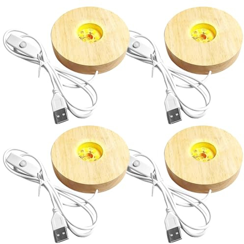 GOMETY - Juego de 4 soportes de luz LED de madera, USB, para cristal acrílico, color cálido, base de madera redonda, base de pantalla para cristal, cristal acrílico, color cálido, 4 unidades)