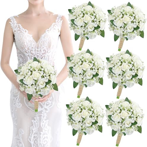 Artificial Bridesmaid Bouquets Set of 6 for Wedding - 7 inch White Flowers Bouquets for Bridesmaids, Faux Rose Gypsophila Rustic Small Floral Bouquet Fake Boho Wedding Party Ceremony Anniversary Decor