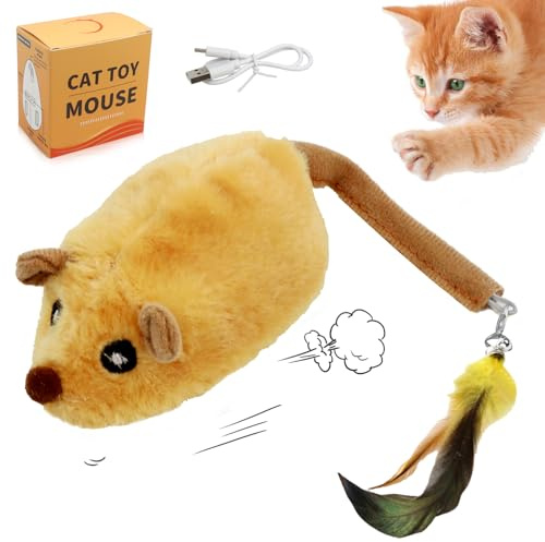 ROTKUSZ Giocattolo Elettrico per Gatti, Topo di Peluche Automatico con Piume, Giocattolo Automatico Ricaricabile con Cavo USB, Giocattolo Interattivo per Gatti