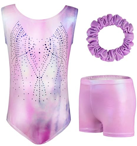 AOOWU Mädchen Dreiteilige Gymnastikanzüge, Gymnastikanzug Mädchen, Ärmelloser Gymnastikanzug mit Shorts und Haarband, Ballett Tanzender Leotard Gymnastik Outfit für Gymnastik, Wettkampf（130 Code）