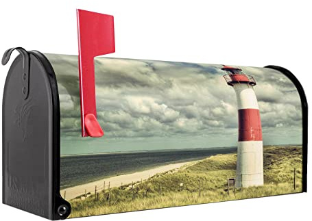 banjado Amerikanischer Briefkasten - US Mailbox/Letterbox mit Motiv Motiv Leuchtturm Sylt 51x22x17cm - Postkasten Stahl aus Amerika – Briefkasten amerikanisch schwarz pulverbeschichtet