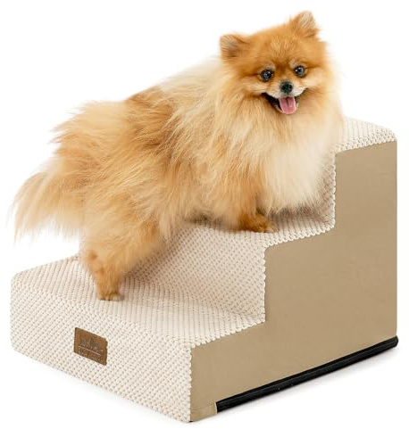 COZY KISS Escalera para Perros Pequeños, Escalera para Mascotas para Cama Sofá con Funda Lavable, Escalera para Gatos de Espuma de Alta Densidad (Caqui, 40x45x35cm, 3)