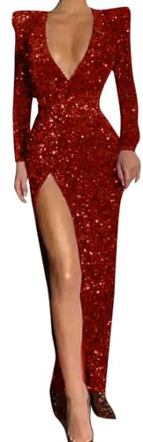Duohropke Robe d'hiver à manches longues pour femme - Robe de soirée élégante fendue - Robe longue à paillettes - Robe de demoiselle d'honneur - Robe de bal - Robe de cocktail - Robe de mariage, rouge