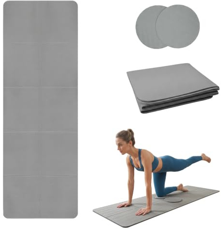 Esterilla de Yoga Plegable TPE Antideslizante Gris 183x61cm 5mm + 2 Rodilleras (18x18cm) – Colchoneta de Deporte para Pilates, Fitness, Gimnasia y Viaje