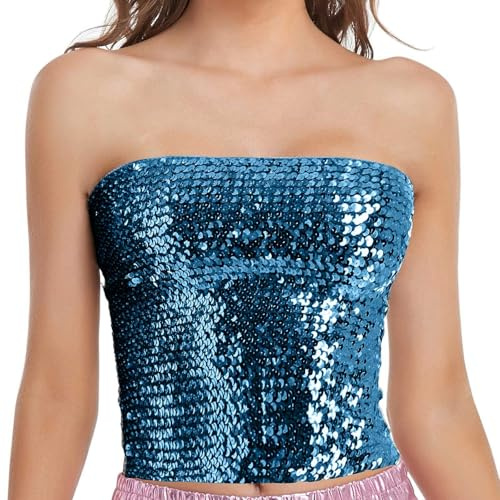 Top a tubo da donna con paillettes, top corto senza spalline, elasticizzato, senza maniche, canottiera da rave, scintillante e glitterata, per feste e discoteca