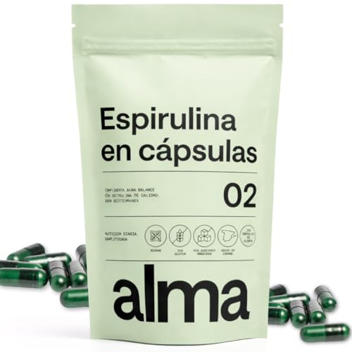 ALMA® Espirulina en Capsulas 200 Uds (116 g) | Espirulina Comprimidos 100% Vegano, Sin Gluten, Sin Azúcares Añadidos y Hecho en España | Spirulina pura en Cápsulas Vegetales | Fácil de Tomar