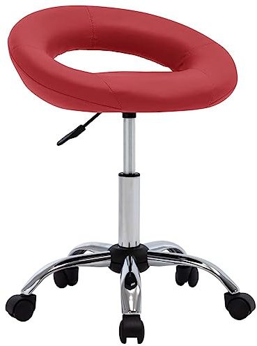 Roanoer Silla de comedor giratoria de color burdeos, altura ajustable, con ruedas de piel sintética, giratoria 360°, moderna silla de oficina y cosmética con base cromada