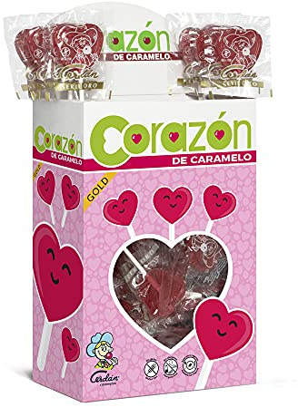 Caramelos Cerdán - Sucettes Cœur Série Or Saveur Cerise | Bonbon Dur Sans Gluten ni Allergènes | Idéal pour Fêtes, Saint-Valentin et Anniversaires | Boîte 110 Unités