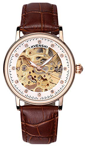 RORIOS Damen-Armbanduhr, mechanisch, automatisch, Leuchtend, Diamant, Skelett, Damenuhren, Braun B, Gurt