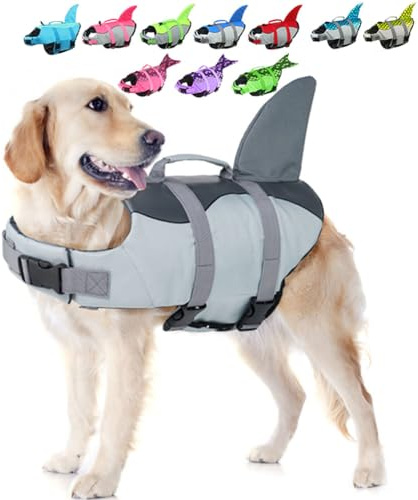 EMUST Shark Life Jackets for Dogs, Adjustable Ripstop Dog Life Vest for Water Safety pet Lifes Vest with Rescue Handle Safety Vests for Swimming Pool Beach Boating, (L,Grey)