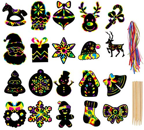 LOKIPA Christmas Scratch Paper Art Ornaments,80 Rainbow Magic Scratch Off Paper Cards with Drawing Sticks&Ribbon for Christmas Decoration