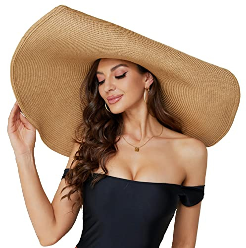Oversized Beach Straw Hat for Women, Fashion Large Wide Brim Visor Hats Handmade Roll Up Floppy Sun Hat for Summer Beach Cap Khaki