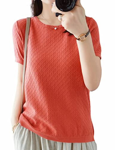Ailaile, suéteres de manga corta para mujer, tops de verano, ligeros, de punto de algodón, con cuello redondo, blusa de punto pointelle, Naranja, XL