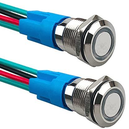 Aiqeer 2 Pezzi 12 mm Interruttore a Pulsante Momentaneo, 12V / 24V 3A Interruttore di Accensione per Auto, Interruttore a Pulsante in Metallo con Presa Precablata (LED Bianco)