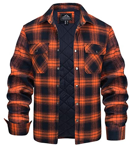 KEFITEVD Holzfäller Jacke Herren Hemdjacke Männer Knopf Herbstshirt Longsleeve Freizeithemd Warm Karohemd Freizeit Check Shirt mit Gefüttert Winterhemden Casual Baumwollshirt Orange XL