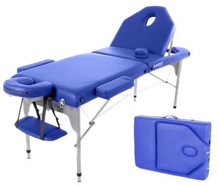 Quirumed Lettino da massaggio pieghevole in alluminio, 186 x 66 cm, imbottito 14 cm, similpelle, colore blu, altezza regolabile, schienale ribaltabile, leggero, fino a 150 kg