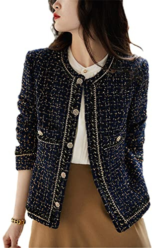 HEAITHpool Veste de costume courte rétro en tweed à col rond pour femme - Automne et hiver - Bleu foncé, bleu marine, XL