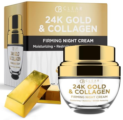 Clear Beauty 24K Gold & Collagen Night Face Moisturizer - Reduces Age Spots, Fine Lines & Wrinkles, Lifting & Firming Night Cream, Korean Skin Care - All Skin Types