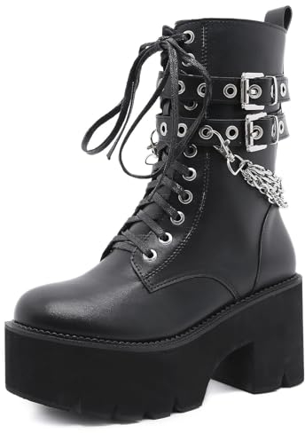 Roimaash Stylish Plateau Kn?chel Stiefel Chunky Heels Goth Stiefeletten Flachform Schnüren Kampfstiefel Metal Chain Schnalle Belt Cosplay Stiefel Black Size 38