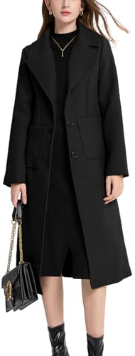 Sukany Women's Winter Casual Notch Lapel Wool Blend Coat Single Breasted Mid Long Pea Coat Jacket (Black,L)