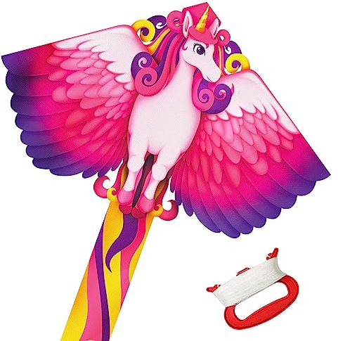 Kinder Einhorn Drachen Flugdrachen für Kinder und Erwachsene, Drachenset Leichtwind Flugdrachen Einleiner Flugdrachen Freien Beach Drachen mit Drachenschnur und langem Schwanz, Rosa