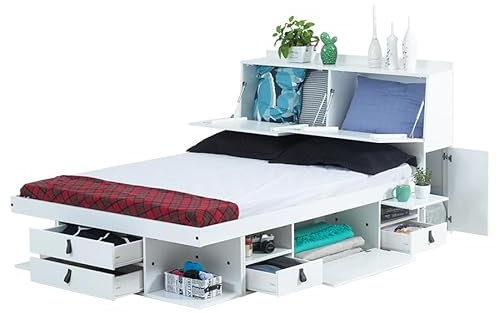 Bali Double Bed Storage + Functional Headboard 160 x 200 cm White Slatted Frame